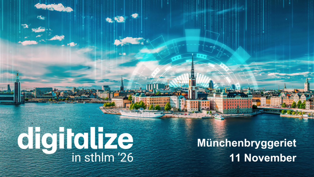 A digitalised cityscape of Stockholm with event text: digitalise in sthlm 26, Münchenbryggeriet, 11 November. Blue tech graphics and Digital Futures-inspired overlays illuminate the skyline.