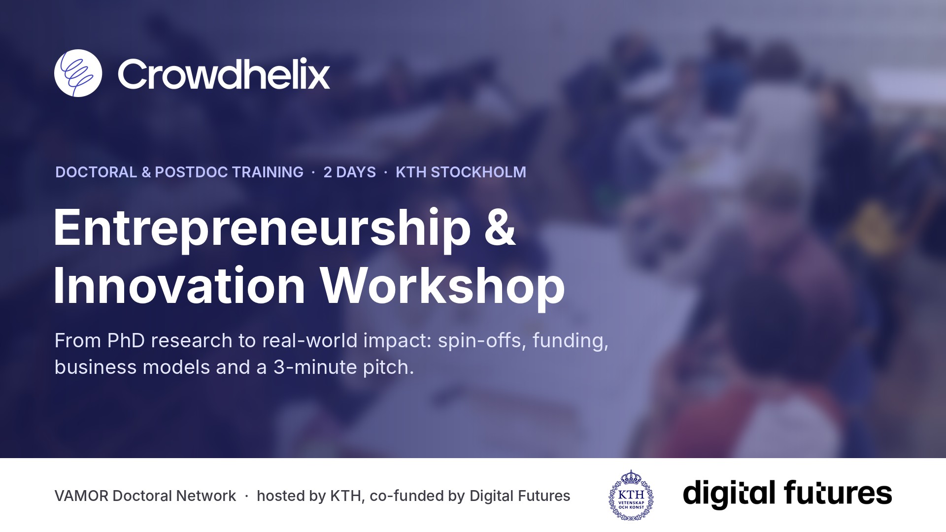 Workshop flyer featuring a blurred classroom, Crowdhelix logo, and event info about entrepreneurship and innovation for PhDs at KTH Stockholm.