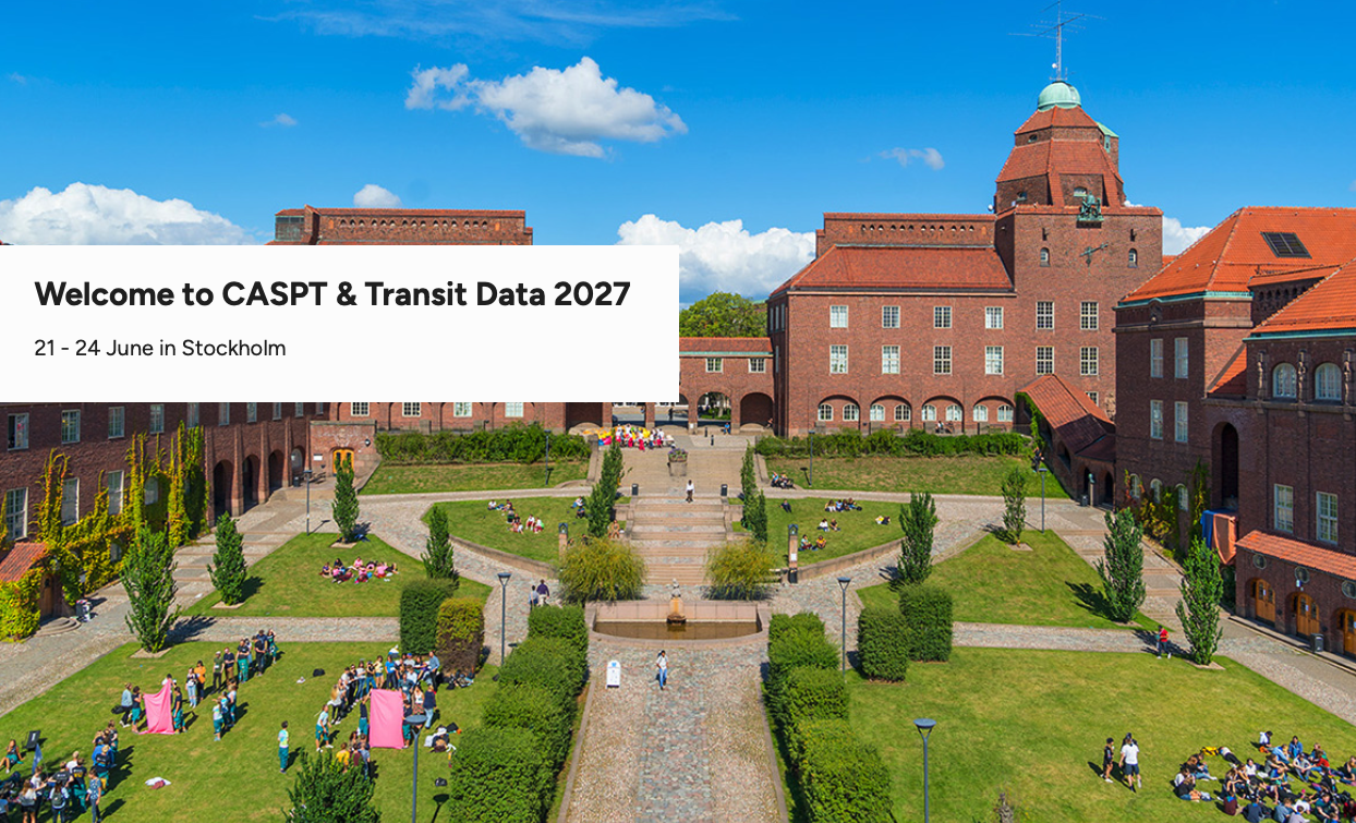 A large red-brick building with towers and a courtyard filled with people sitting on grass and benches. Text reads Welcome to CASPT & Transit Data 2027, 21–24 June in Stockholm.