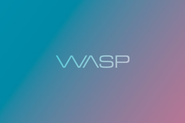 The word WASP in light blue, modern font is centred on a gradient background transitioning from teal on the left to pink on the right.