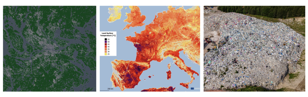 A three-panel image comparing an aerial map of green space, a heat map of European land surface temperatures, and an aerial view of a large rubbish tip.