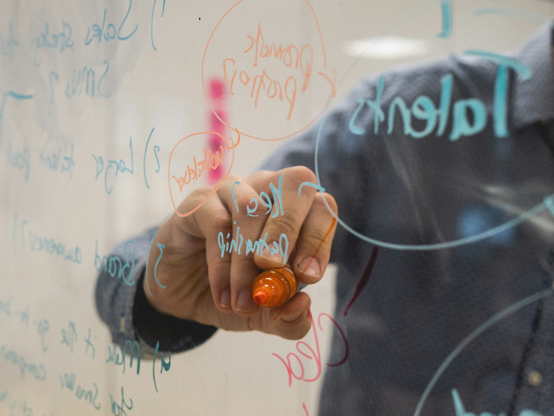 A person writing with an orange marker on a glass board covered in handwritten notes and diagrams.