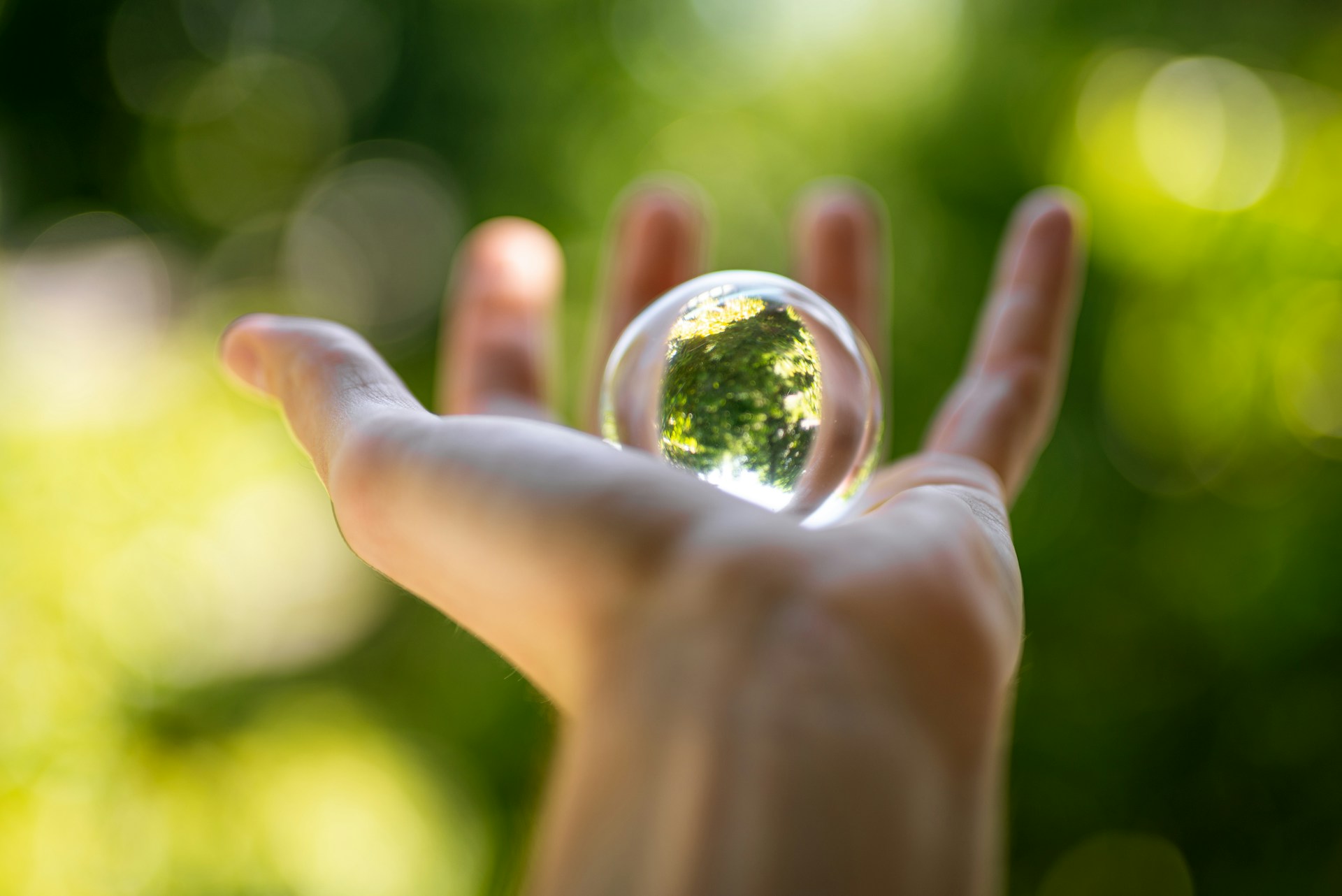 A person's open palm holding a clear glass sphere that reflects a green, leafy landscape.