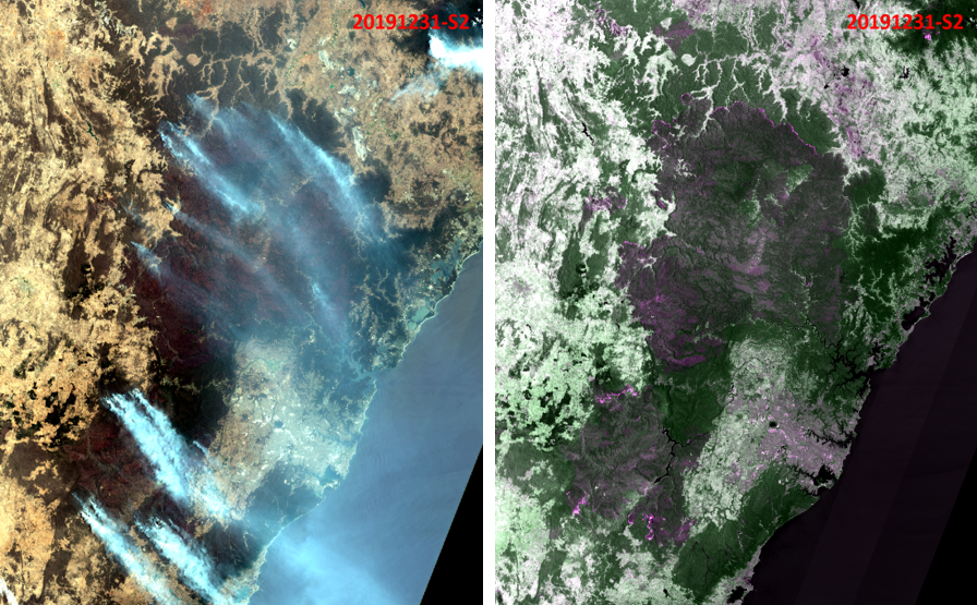 ESA Sentinel-2 images of wildfires near Sydney, Australia on December 31, 2019.